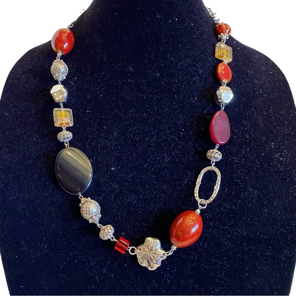 Premier Designs Statement Necklace Jewelry Multi Color Red Black & Stones Beads